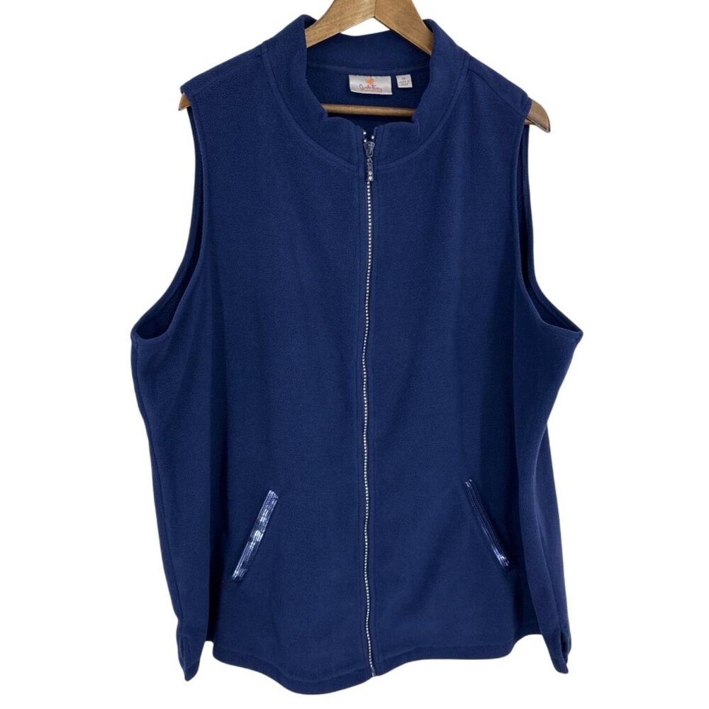 Quacker Factory Womens Fleece Vest With Rhinestone Zipper & Pockets‎ Size 3X